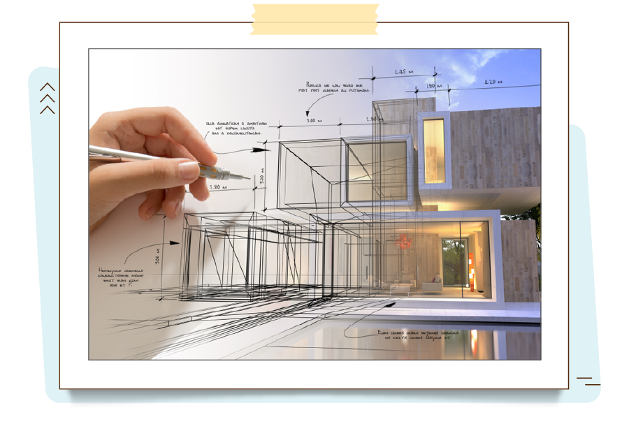  A imagem mostra a transformação de um desenho estilizado em uma imagem realista de uma casa moderna. Do lado esquerdo há a mão de uma pessoa segurando uma lapiseira e desenhando a volumetria da casa, a partir da metade da imagem o desenho da casa se torna mais realista com acabamentos, iluminação e textura, como fica após ser renderizada.
